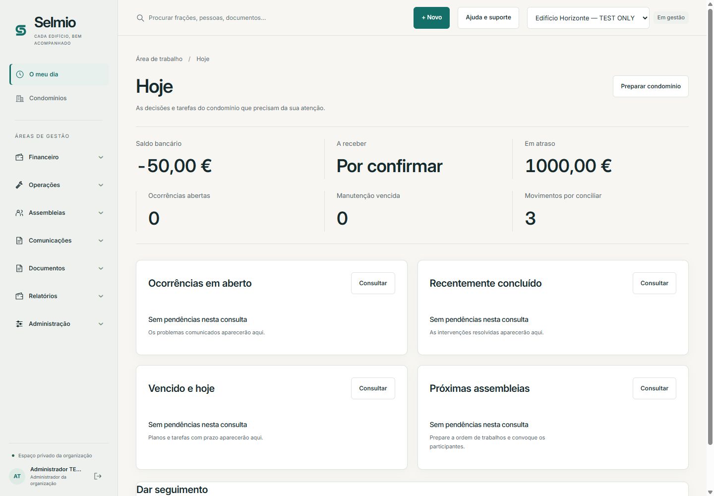 Dashboard real do Selmio com resumo financeiro, ocorrências, manutenção e próximos eventos
