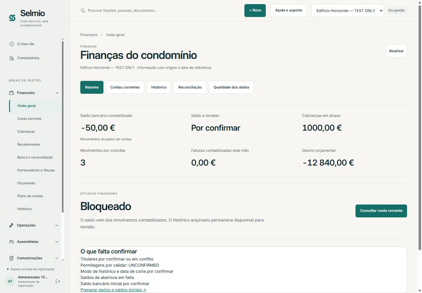 Visão financeira real do Selmio com saldos, preparação e reconciliação