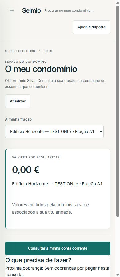 Portal real do residente em mobile, com a fração autorizada e a conta corrente